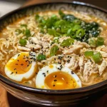 A close-up view of a creamy chicken ramen bowl topped with green onions and a boiled egg.