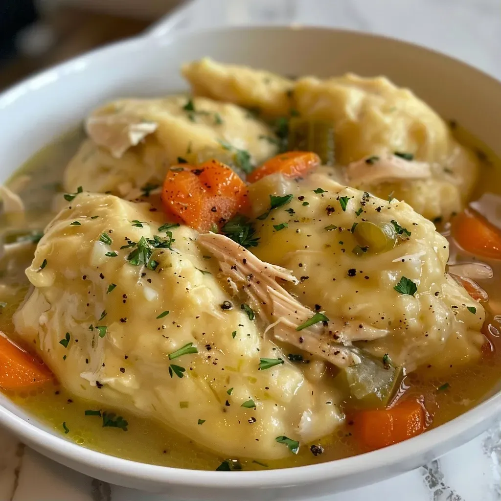 Close-up view of a bowl filled with Easy Healthy Chicken and Dumplings, showcasing the dumplings and chicken pieces.