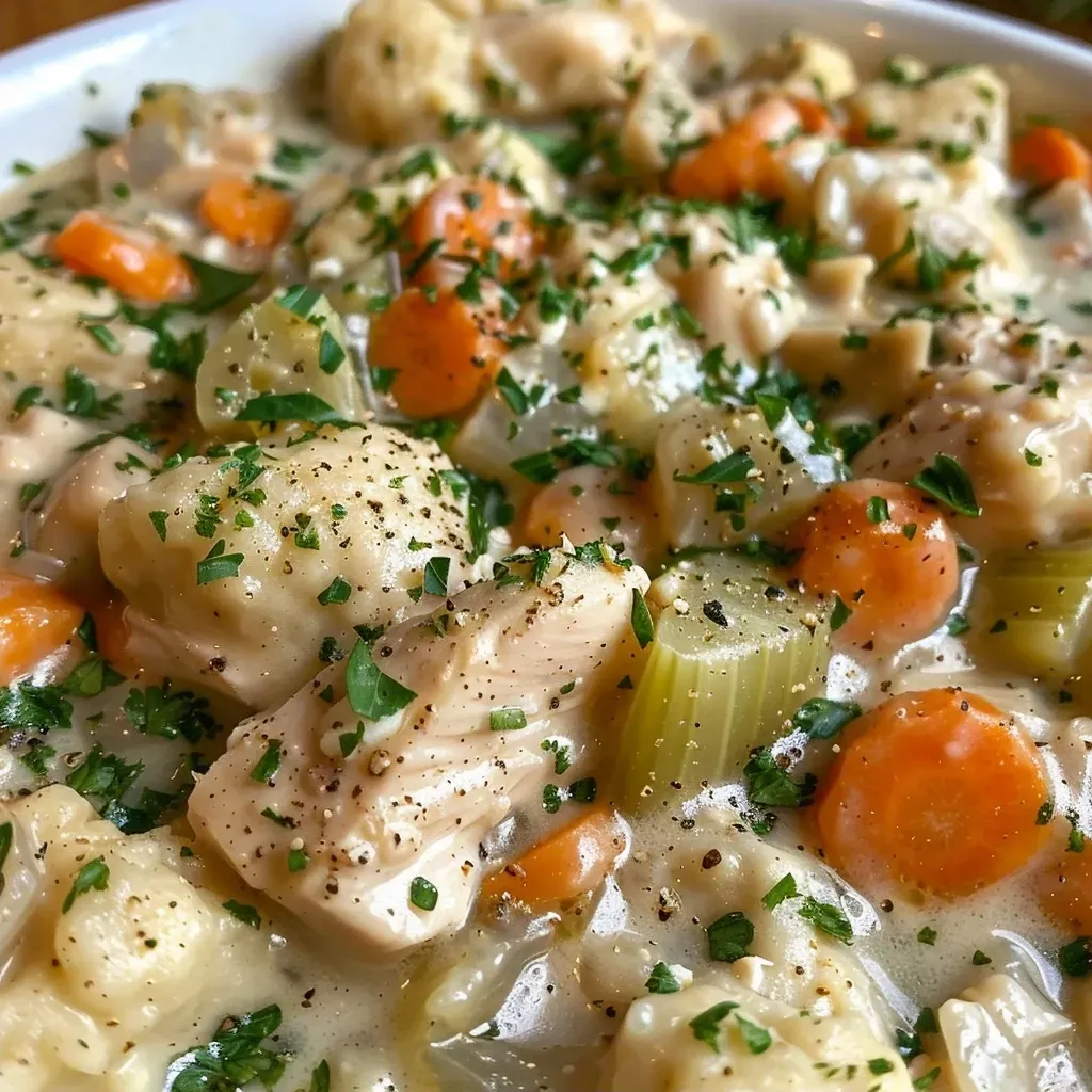 Side angle of a steaming bowl of chicken and dumplings, with vibrant vegetables visible in rich broth.