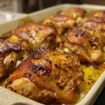 Close-up view of baked chicken breasts glazed with honey and mustard.