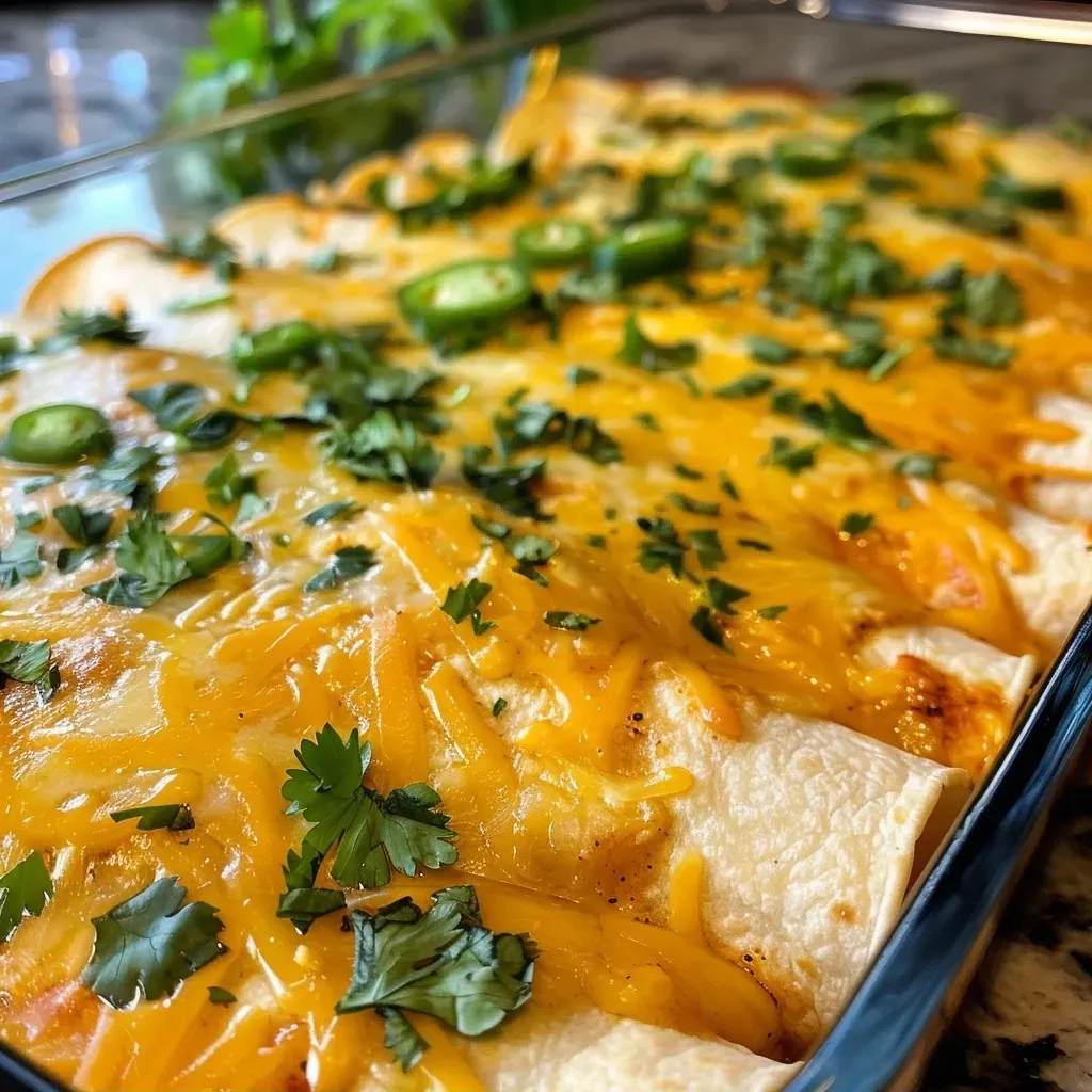 Close-up view of a plate of chicken enchiladas topped with melted cheese and garnished with jalapeños.