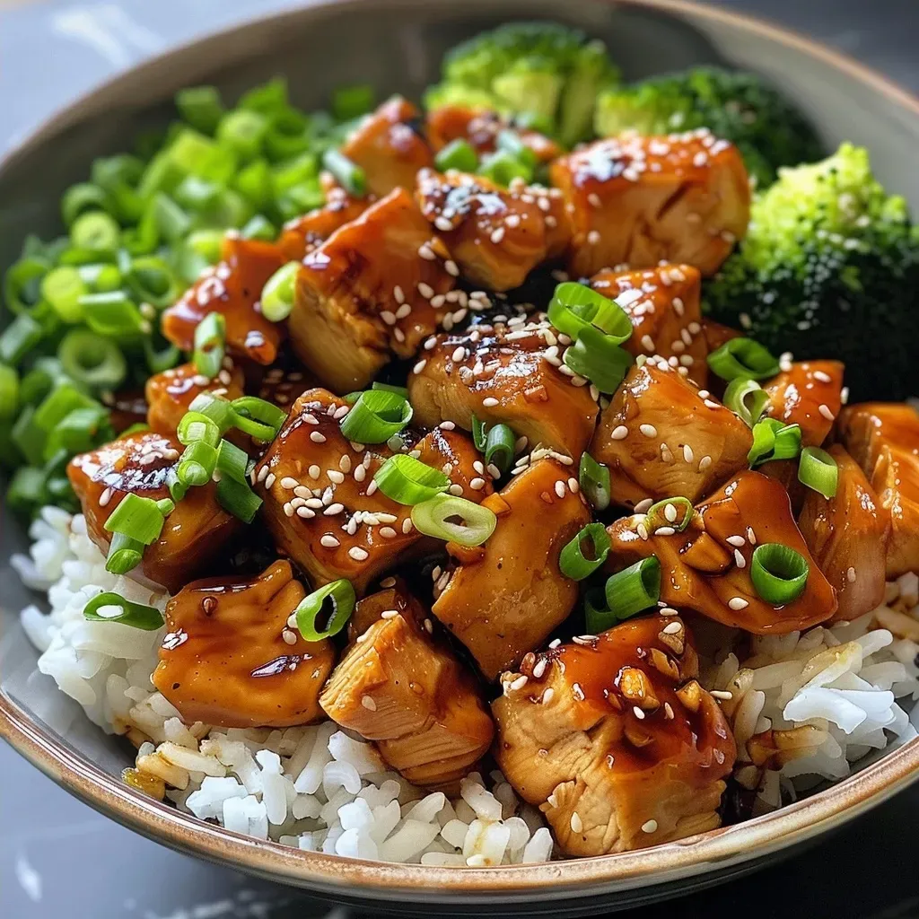 Side view of a colorful teriyaki chicken bowl featuring vegetables and sesame seeds.