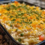 A close-up view of a cheesy chicken casserole with mixed vegetables and rice, served in a glass dish.