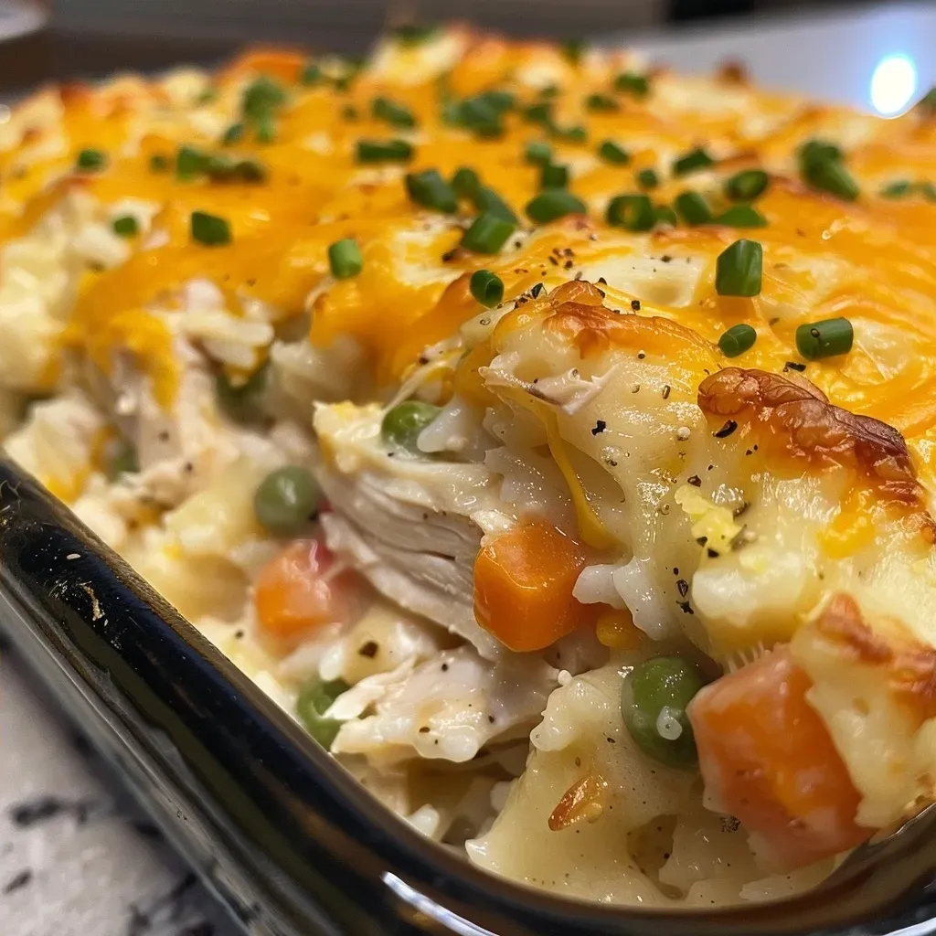 A side view of a creamy chicken casserole, showcasing melted cheddar cheese and colorful frozen vegetables.