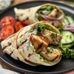 Close-up of juicy Greek chicken gyro wraps with colorful fresh ingredients.