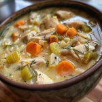 Close-up view of Greek Lemon Chicken Soup with orzo, featuring chunks of chicken and garnished with fresh dill.