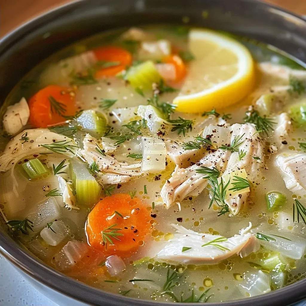 Side view of a bowl filled with Greek Lemon Chicken Soup, showcasing the textures of orzo and vegetables.