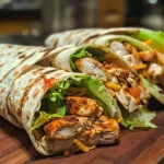 Close-up of a grilled chicken wrap filled with lettuce, cheese, and ranch dressing.