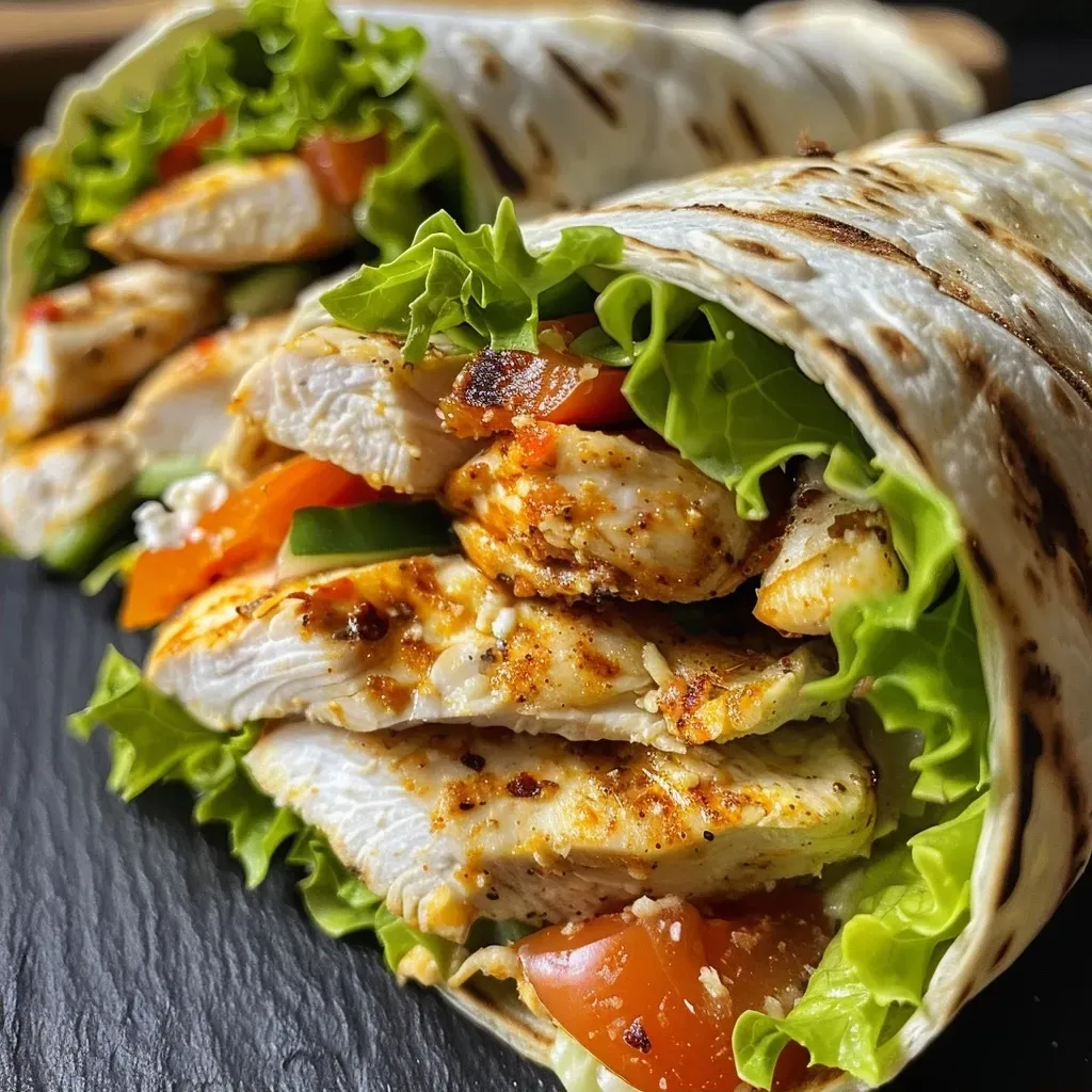 Side view of a delicious grilled chicken wrap with vibrant ingredients.