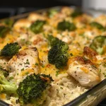 Close-up view of a healthy chicken and rice casserole, showcasing juicy chicken, rice, and broccoli.
