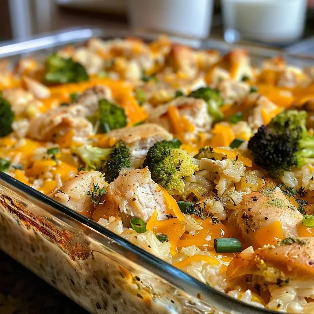 Delicious portion of chicken and rice casserole with vibrant green broccoli and melted cheese on top.