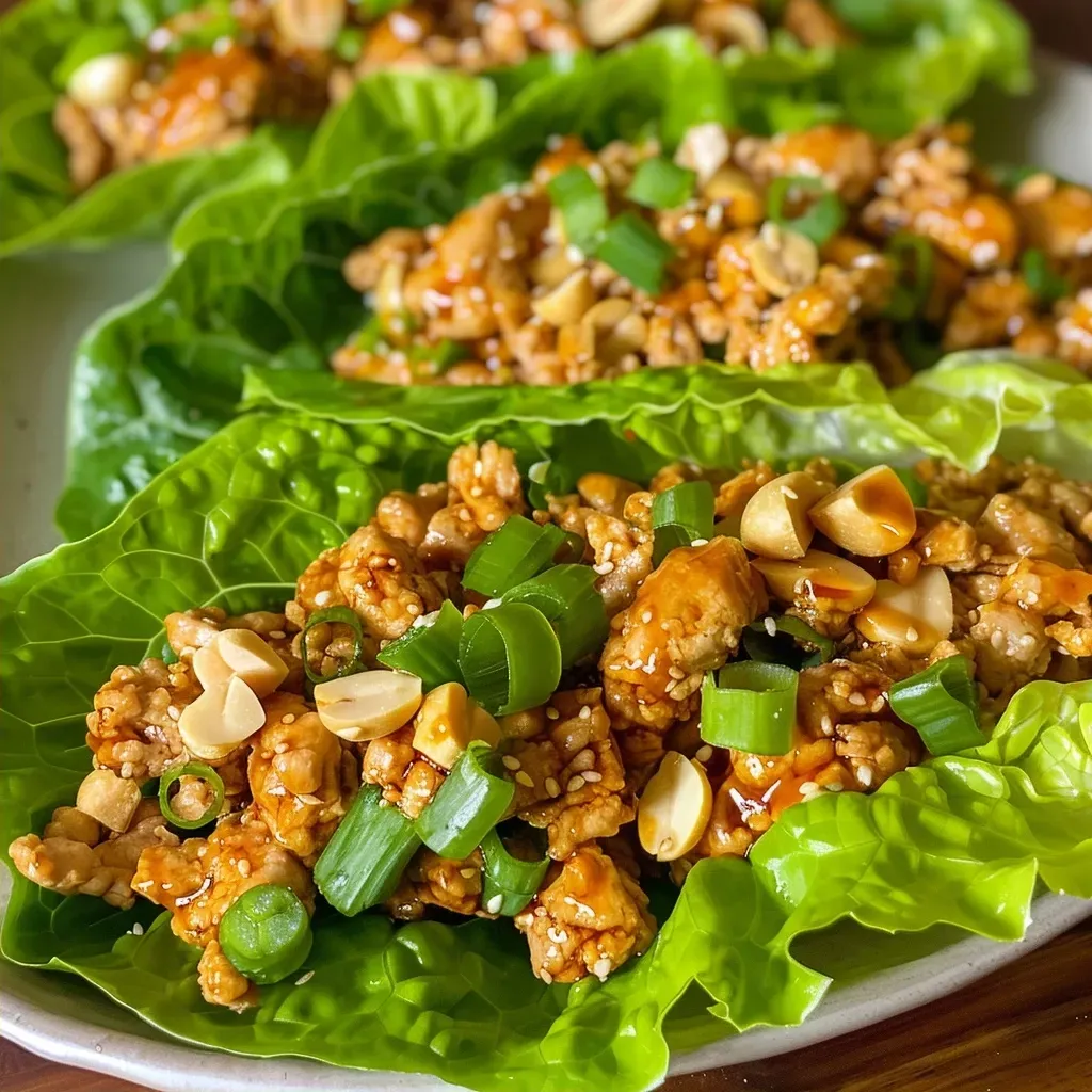 Juicy chicken lettuce wraps on a plate, showcasing fresh fillings and vibrant colors.