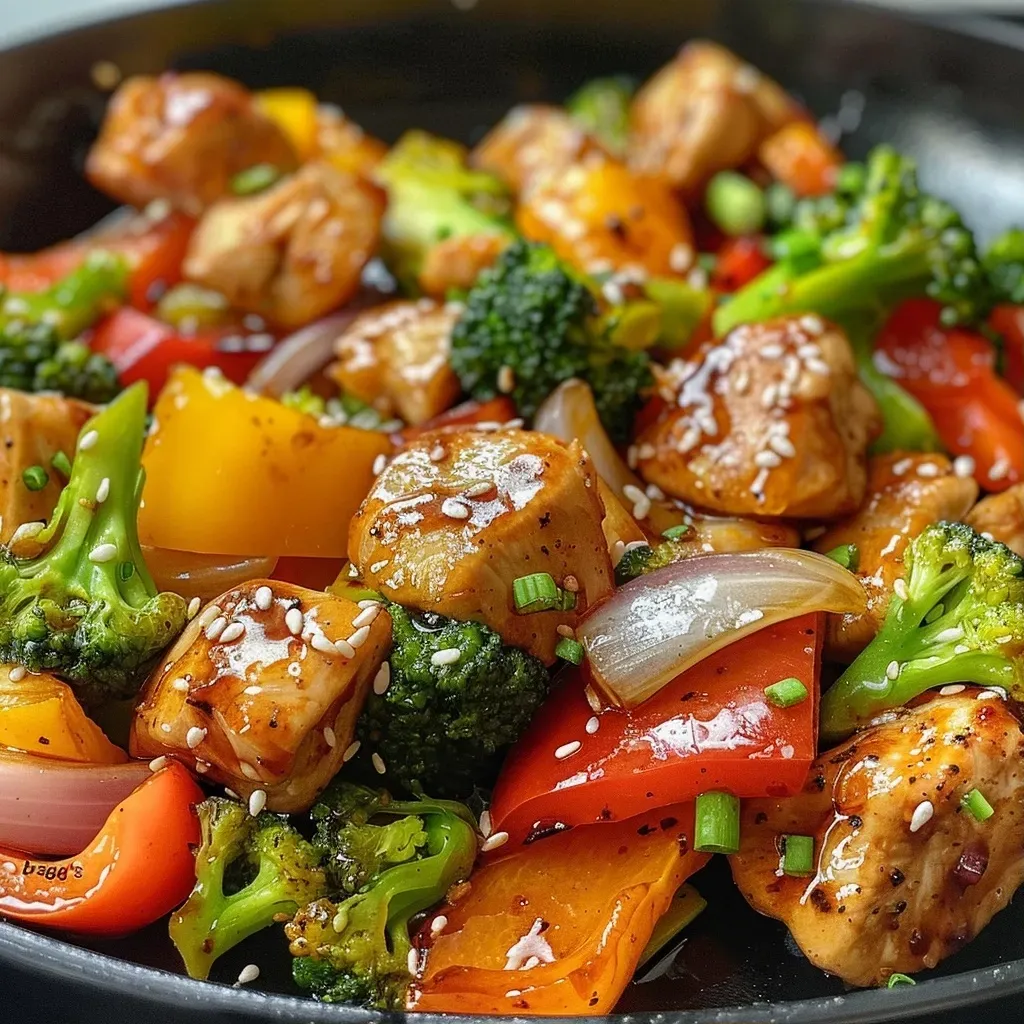 Close-up of a vibrant chicken stir fry with colorful vegetables.