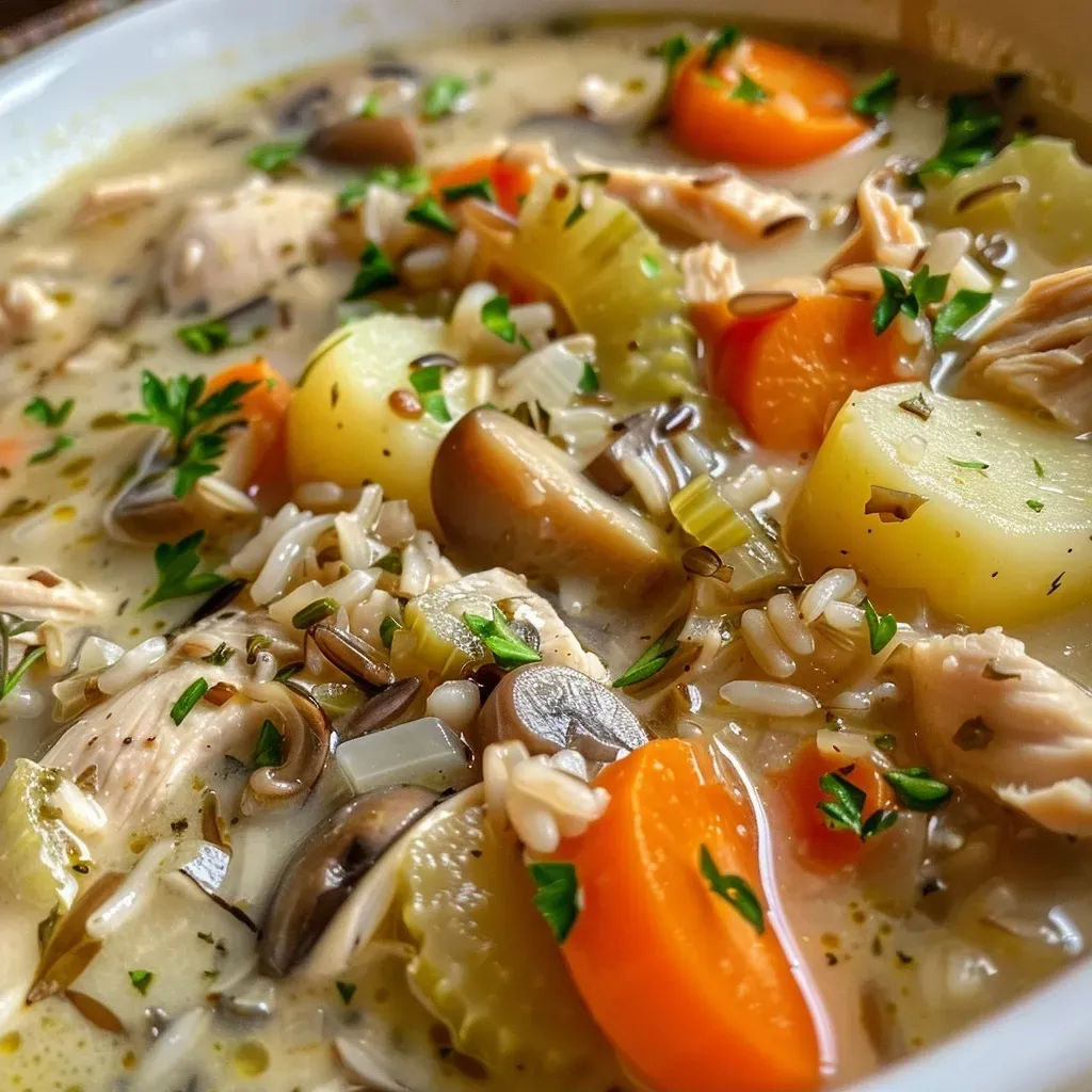 Side view of a hearty soup filled with chicken, wild rice, and colorful vegetables in a bowl.