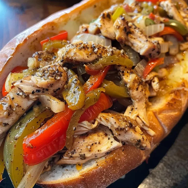 Healthy Crockpot Chicken Philly Cheesesteak served in a hoagie bun with colorful vegetables.