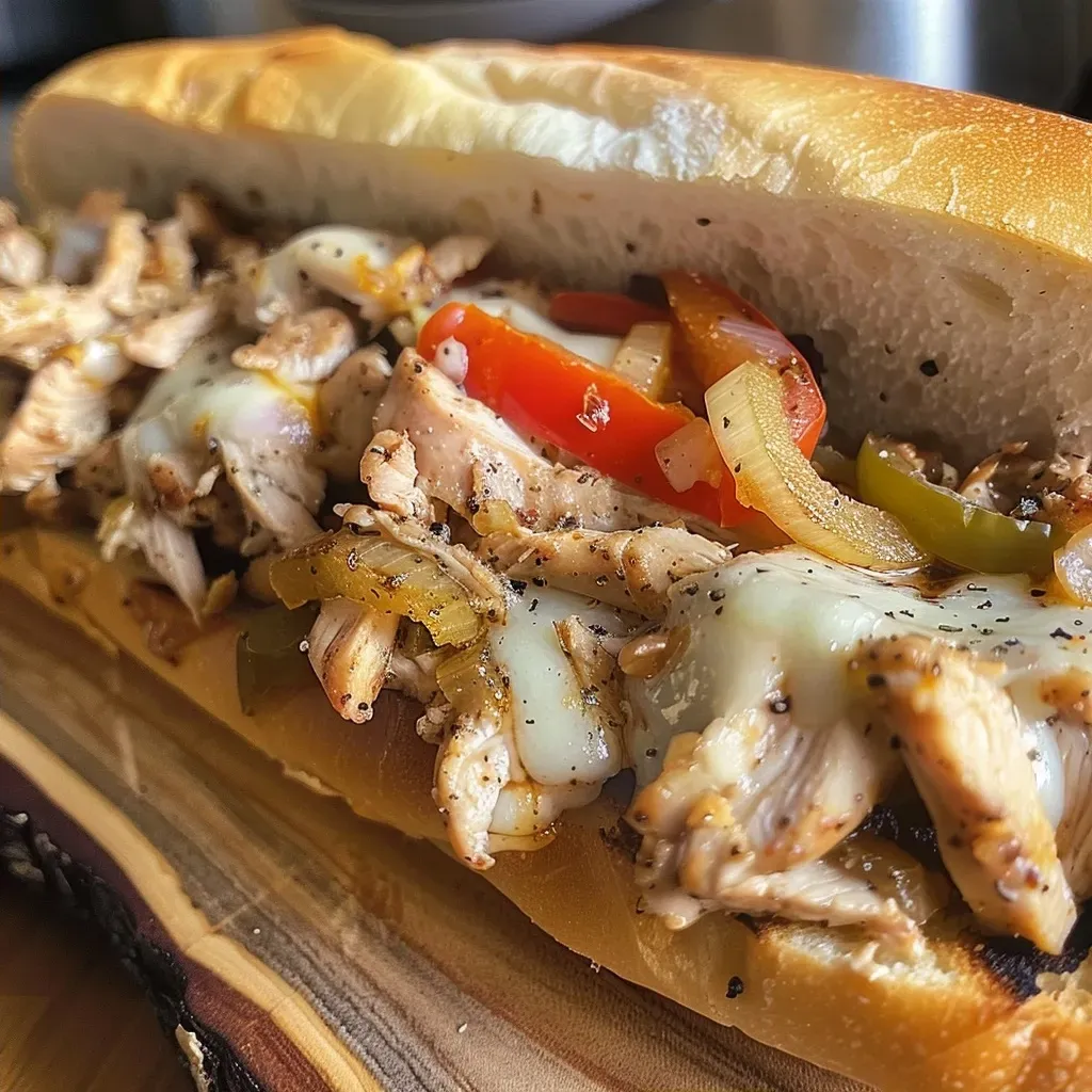 Juicy shredded chicken with peppers and onions in a soft hoagie, ready to eat.