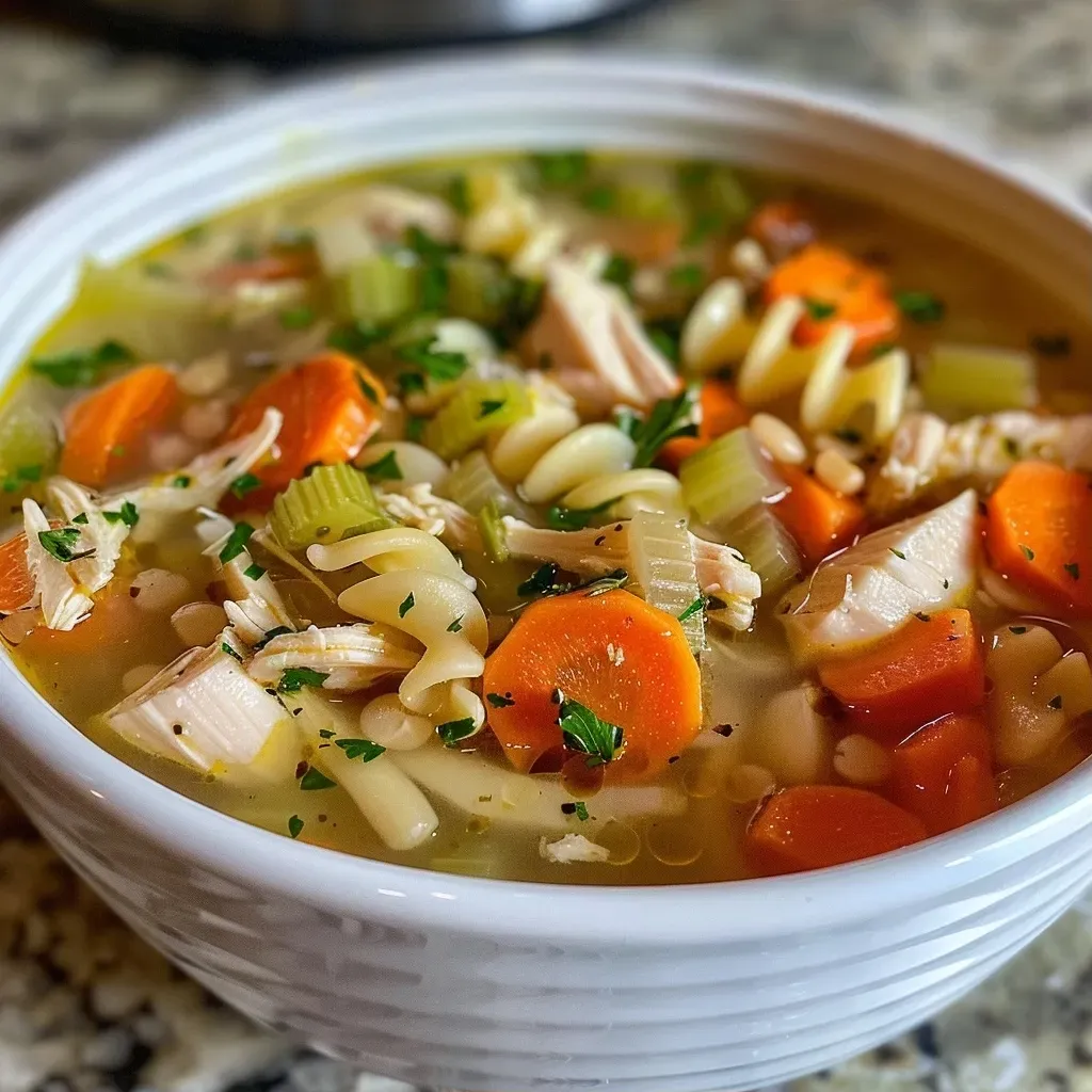 Close-up of a bowl of healthy instant pot chicken noodle soup with visible chicken, vegetables, and pasta.