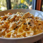 Close-up of a creamy pumpkin Alfredo dish with bowtie pasta and colorful roasted red peppers.