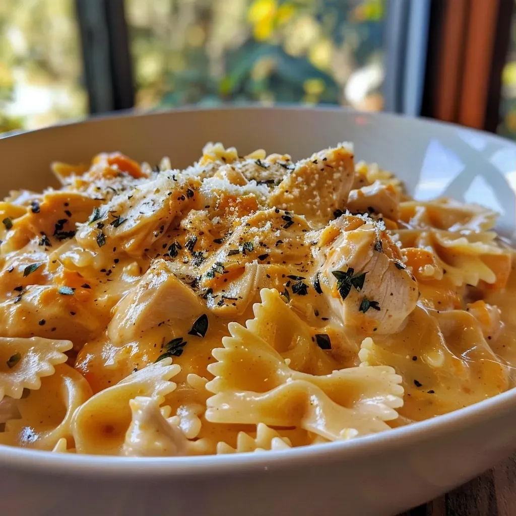 Close-up of a creamy pumpkin Alfredo dish with bowtie pasta and colorful roasted red peppers.