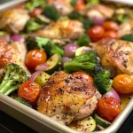 Close-up view of juicy roasted chicken and colorful veggies on a plate.