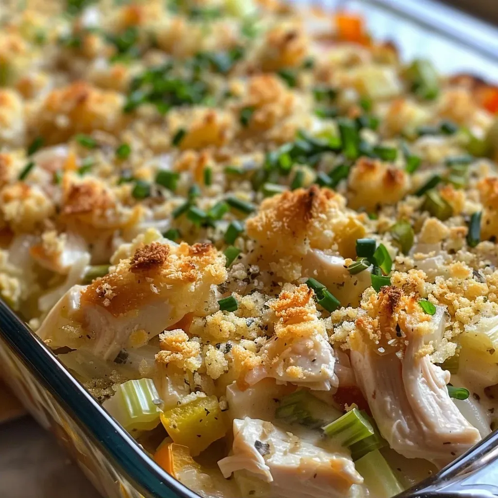 Juicy chicken casserole topped with crushed corn flakes and fresh herbs.