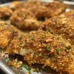 Juicy baked chicken breasts coated in walnut crust, served on a white plate.