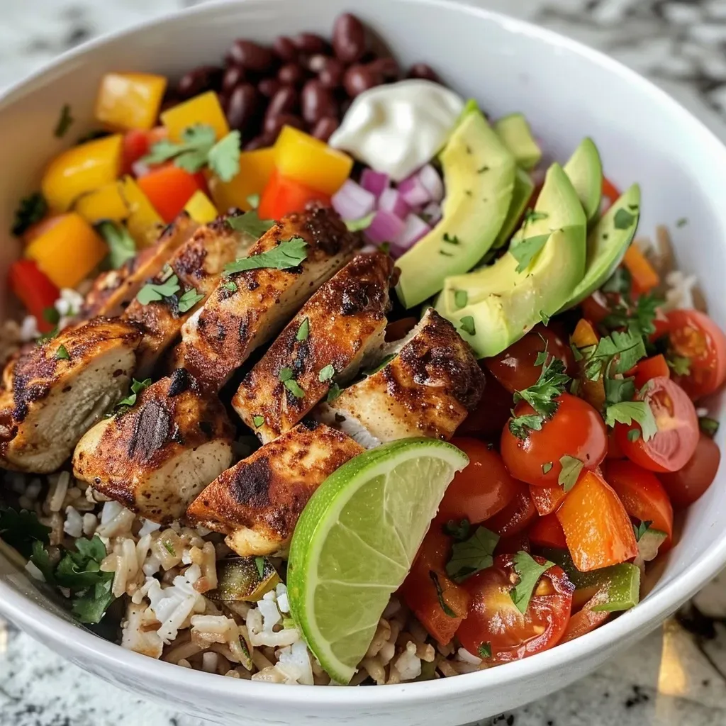 A close-up side view of a vibrant Cajun chicken bowl featuring colorful vegetables and cooked rice.