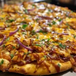 Close-up view of a Honey BBQ Chicken Pizza with visible cheese and toppings.