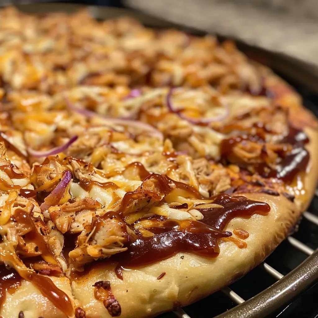 Side profile of a juicy Honey BBQ Chicken Pizza showcasing its toppings and crust.