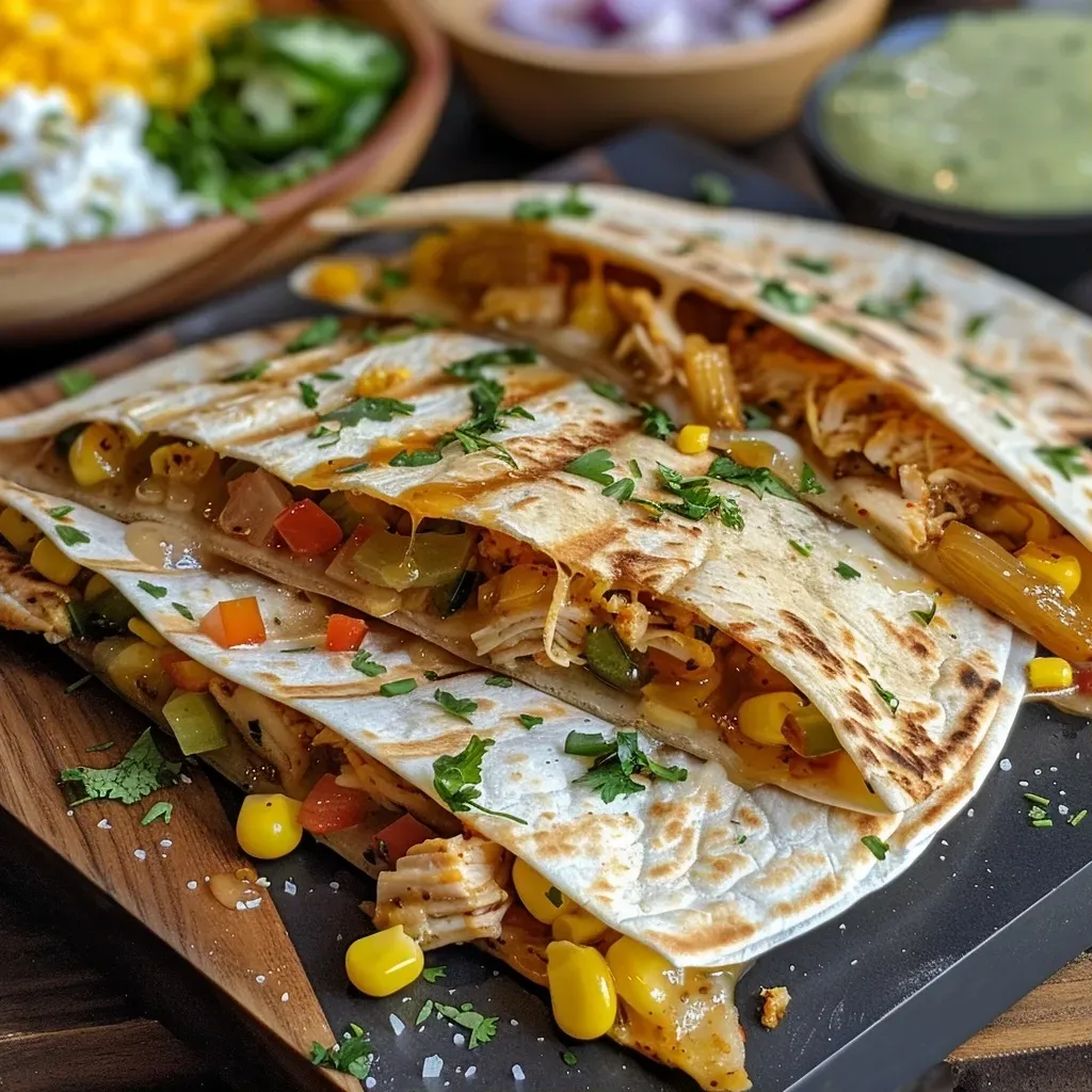 Close-up view of Honey Chipotle Chicken Quesadillas filled with colorful peppers and cheese.
