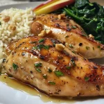 A side view of a vibrant rice bowl featuring honey garlic chicken, sautéed spinach, and roasted apple slices.