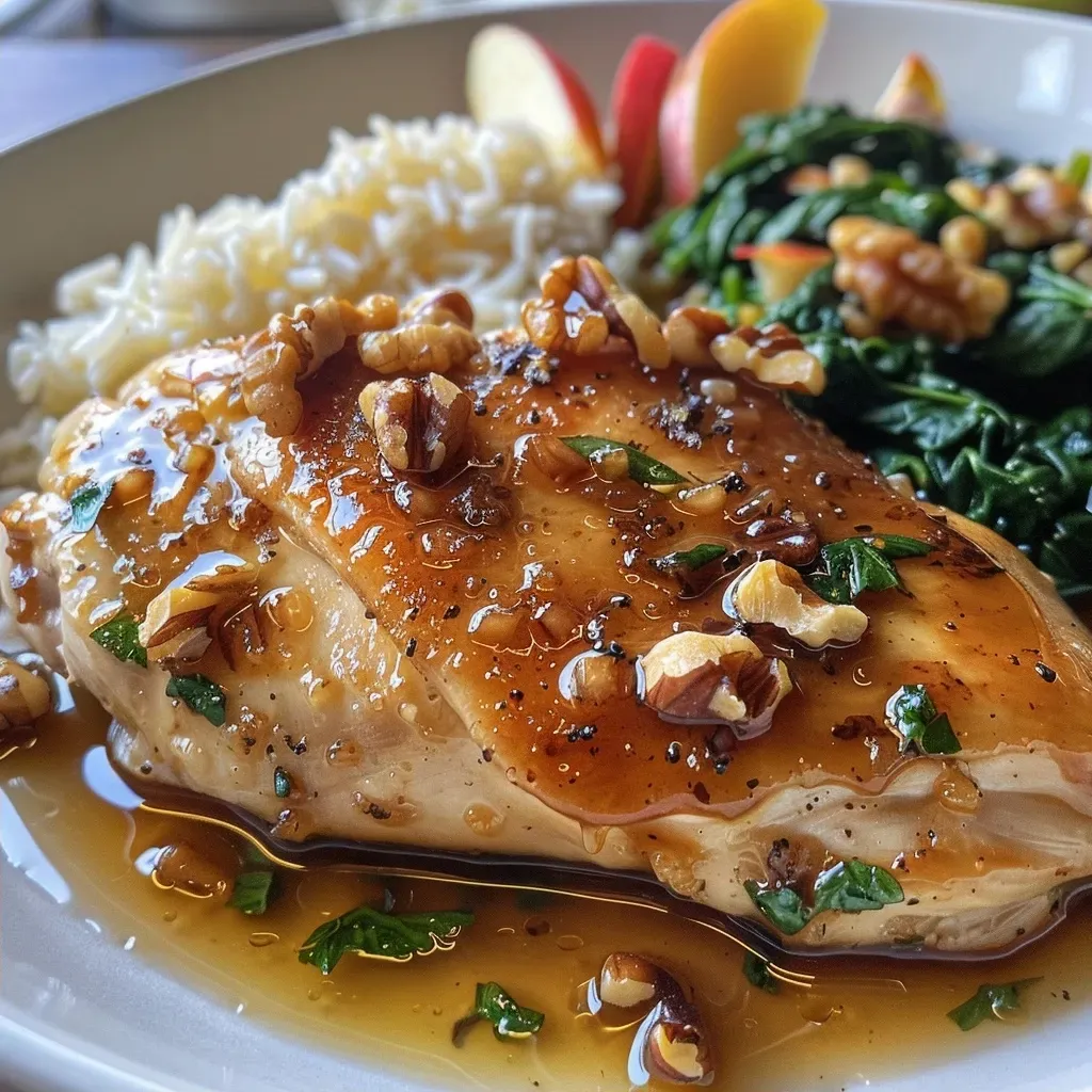 Close-up of a delicious bowl with glazed chicken thighs, jasmine rice, and garnished with walnuts and thyme.
