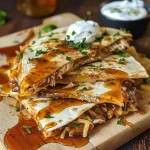 Close-up view of hot honey BBQ chicken quesadillas with melted cheese.