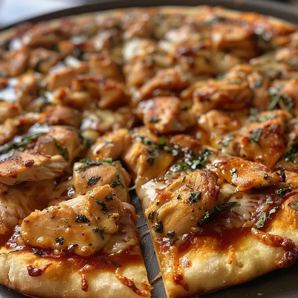 Close-up of a slice of Hot Honey Chicken Pizza with toppings glistening.