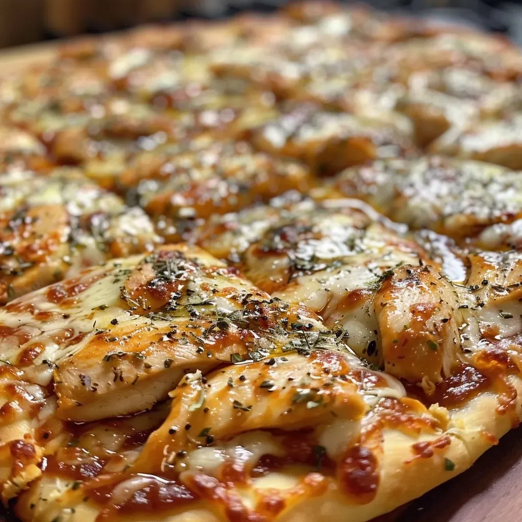 Side view of a juicy Hot Honey Chicken Pizza showcasing melted cheese and chicken.