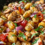 Close-up of a plate featuring Hunter's chicken gnocchi with colorful ingredients.