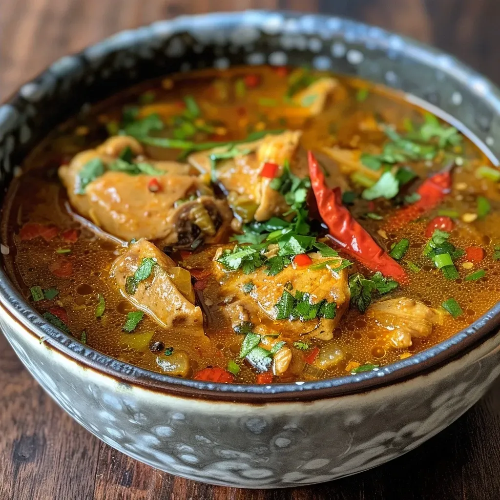 Side view of a rich and flavorful bowl of Indian chicken soup garnished with fresh coriander.
