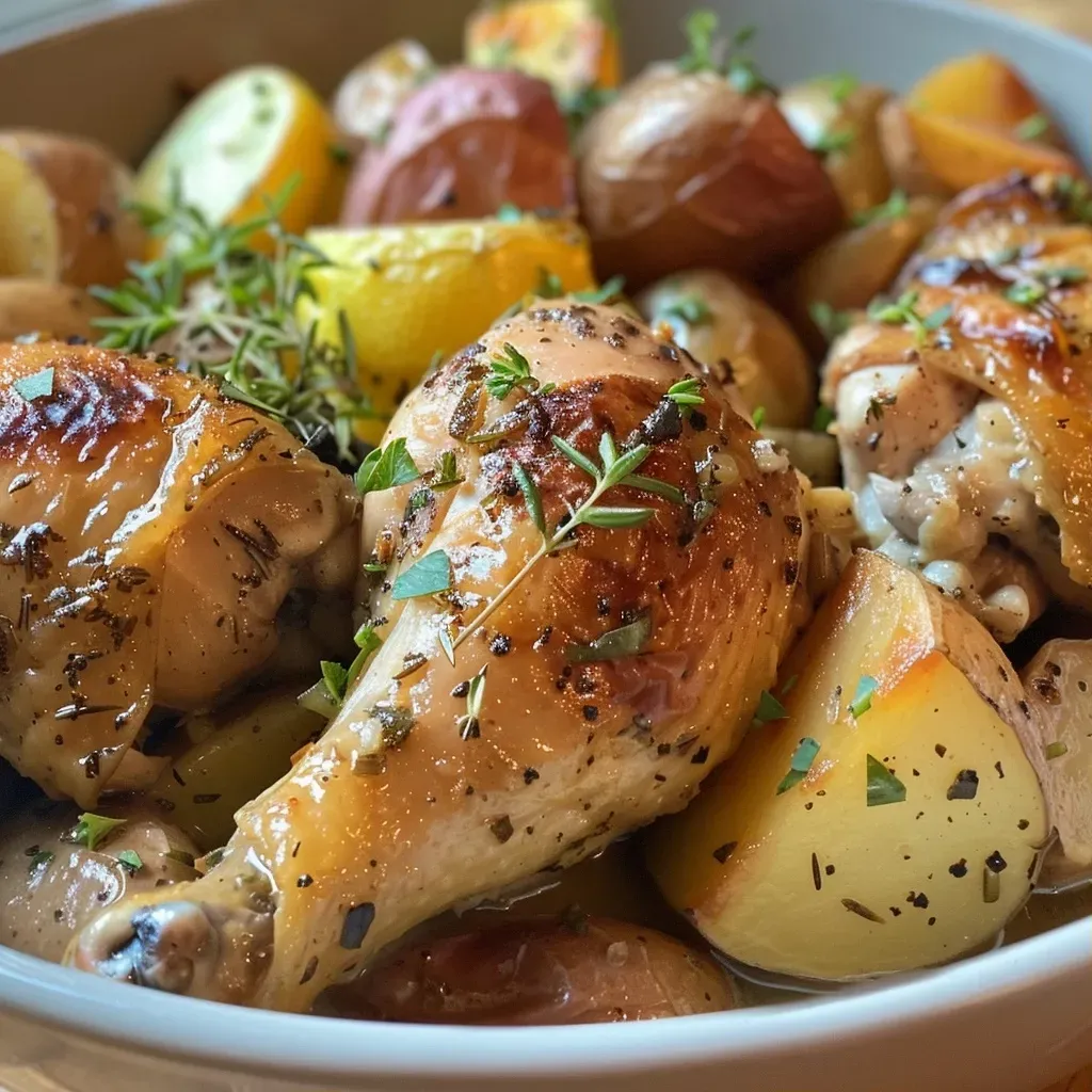 Juicy chicken thighs and golden potatoes in a close-up view.