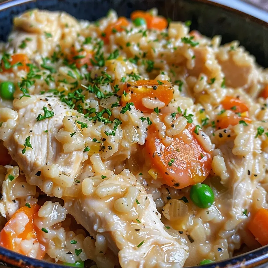 Side view of a hearty chicken and rice casserole topped with peas and parsley.