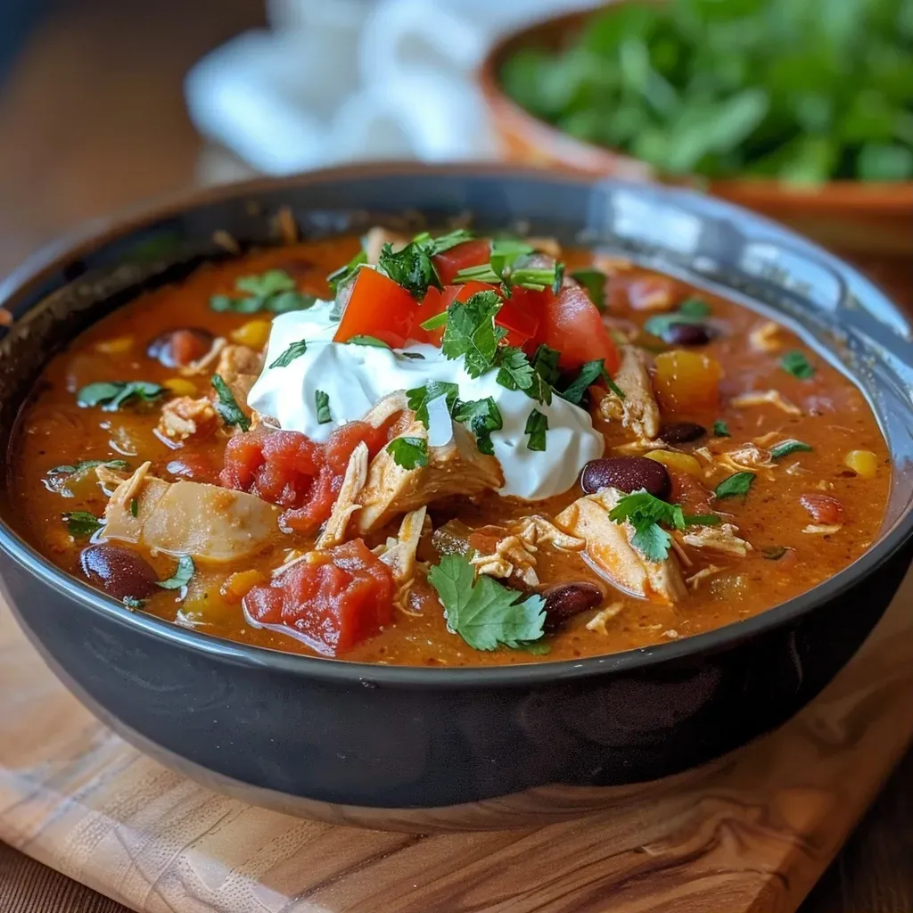 Close-up of a hearty bowl of Instant Pot Chicken Chili with garnishes.