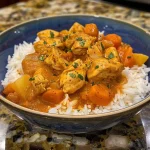 Close-up view of a bowl of Instant Pot Chicken Curry, showcasing tender chicken pieces in a rich sauce.