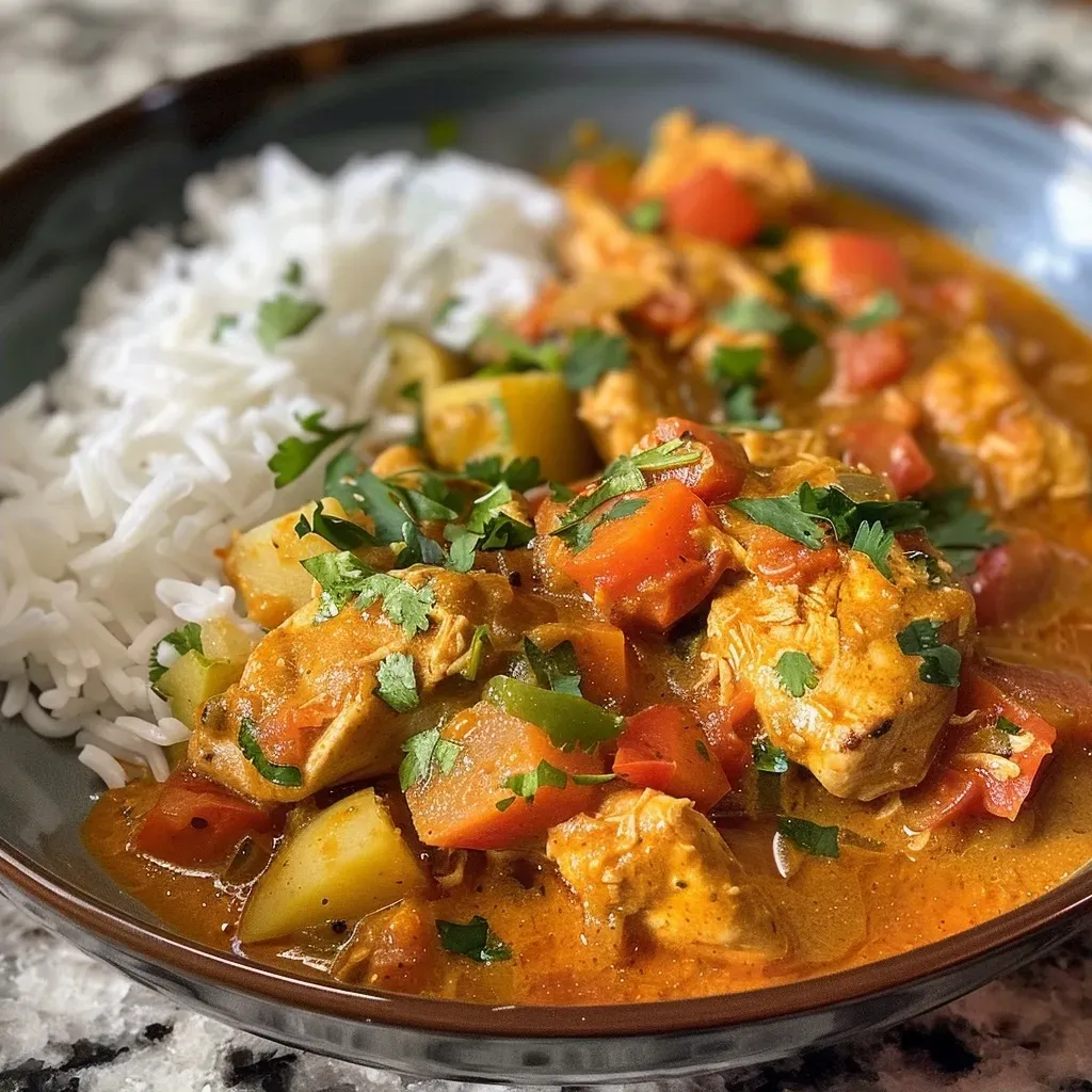 Side view of a dish filled with juicy chicken curry, garnished with cilantro and basil.