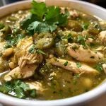 Juicy Instant Pot Chili Verde with shredded chicken and vibrant green tomatillos.