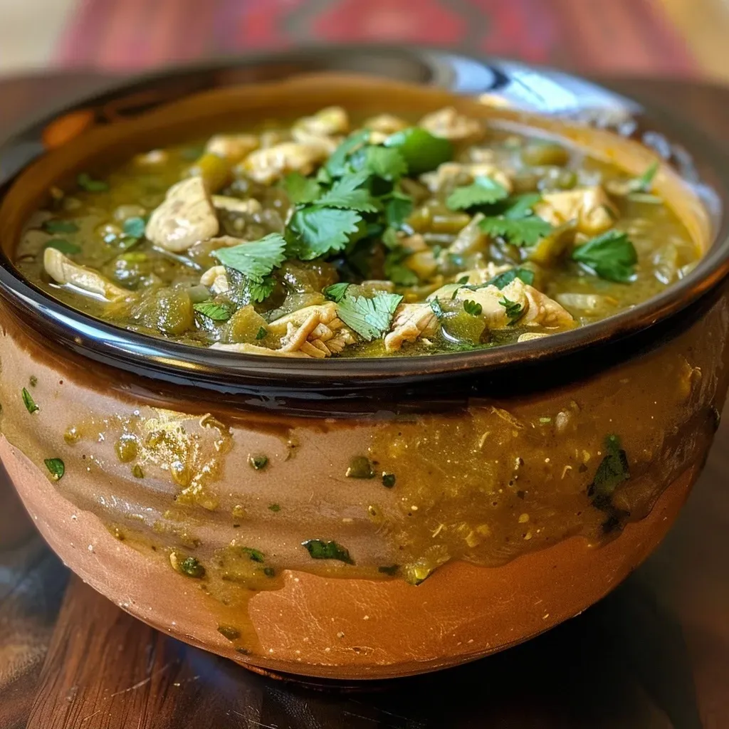 Close-up side view of a bowl of Instant Pot Chili Verde featuring peppers and aromatic herbs.