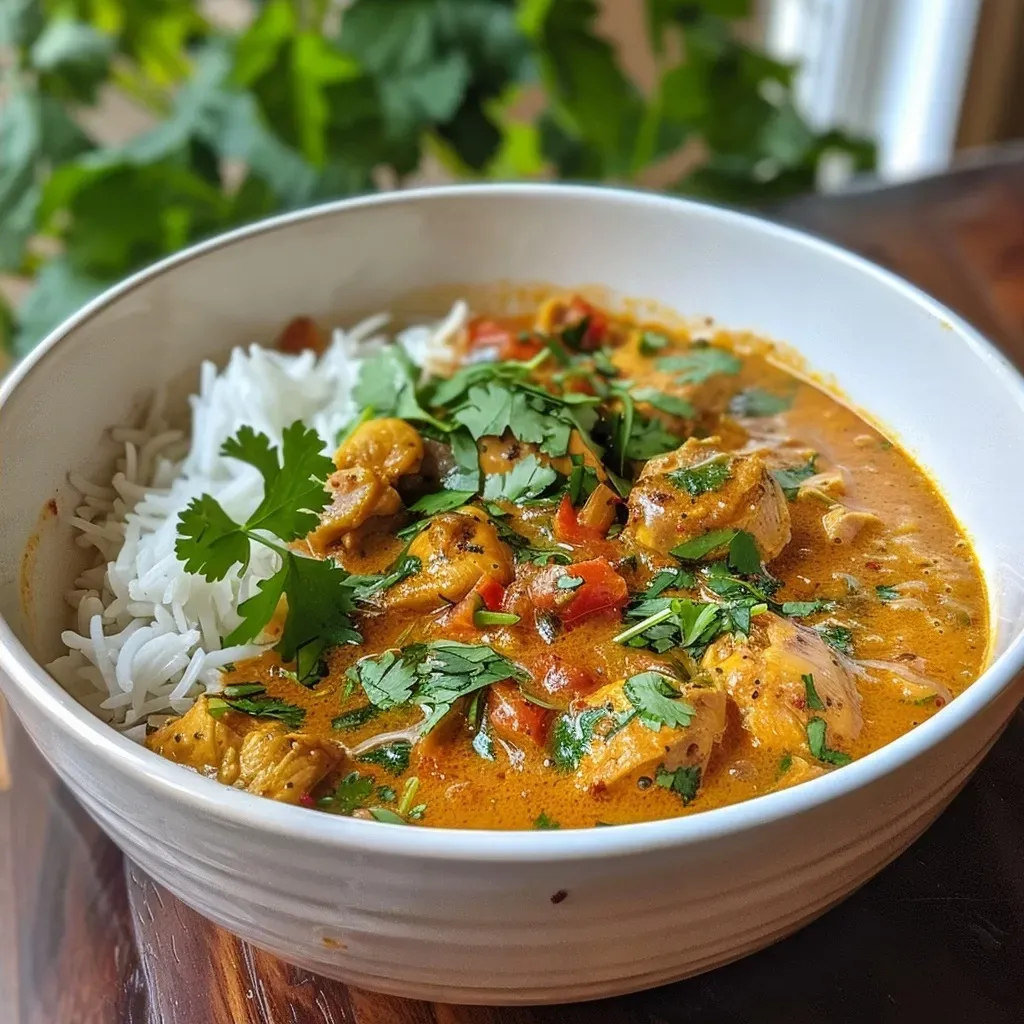 Close-up view of creamy Coconut Chicken Curry featuring tender chicken pieces and spices.