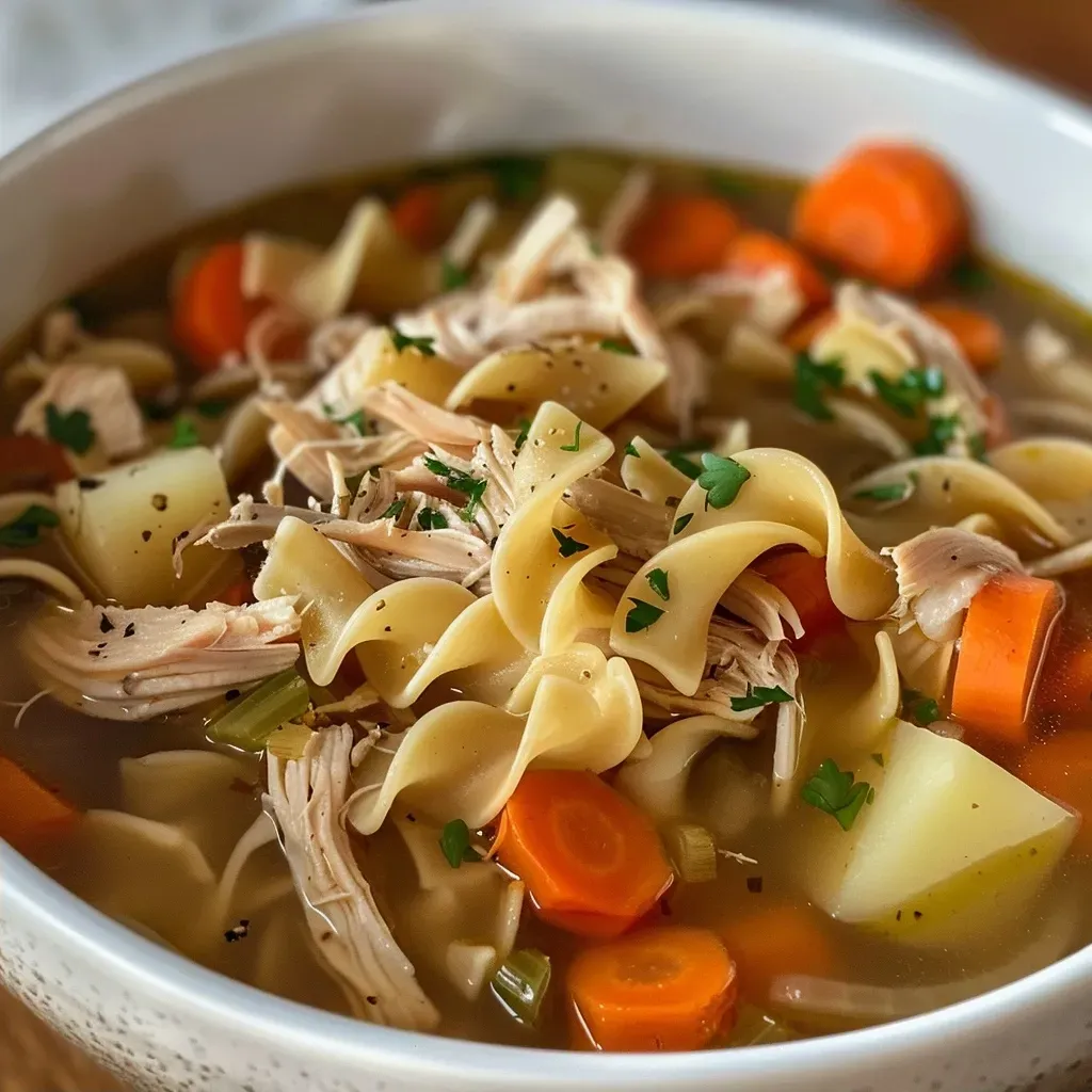 A vibrant bowl of chicken noodle soup featuring rotisserie chicken, carrots, and noodles, garnished with parsley.