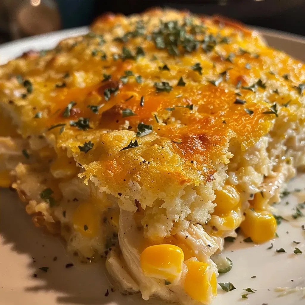 Juicy Jiffy Chicken Cornbread Casserole displayed in a dish, showcasing a creamy texture.