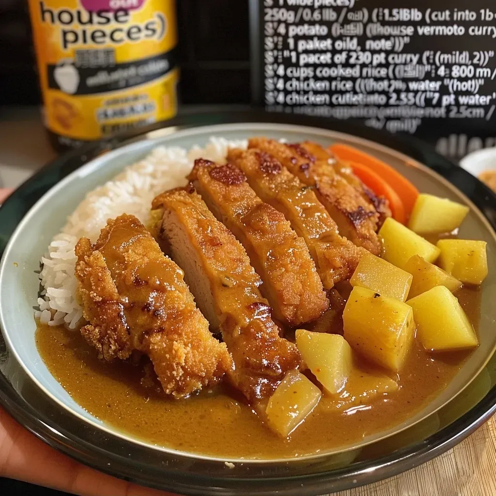 Close-up view of Katsu Curry with chicken cutlet and vegetables.