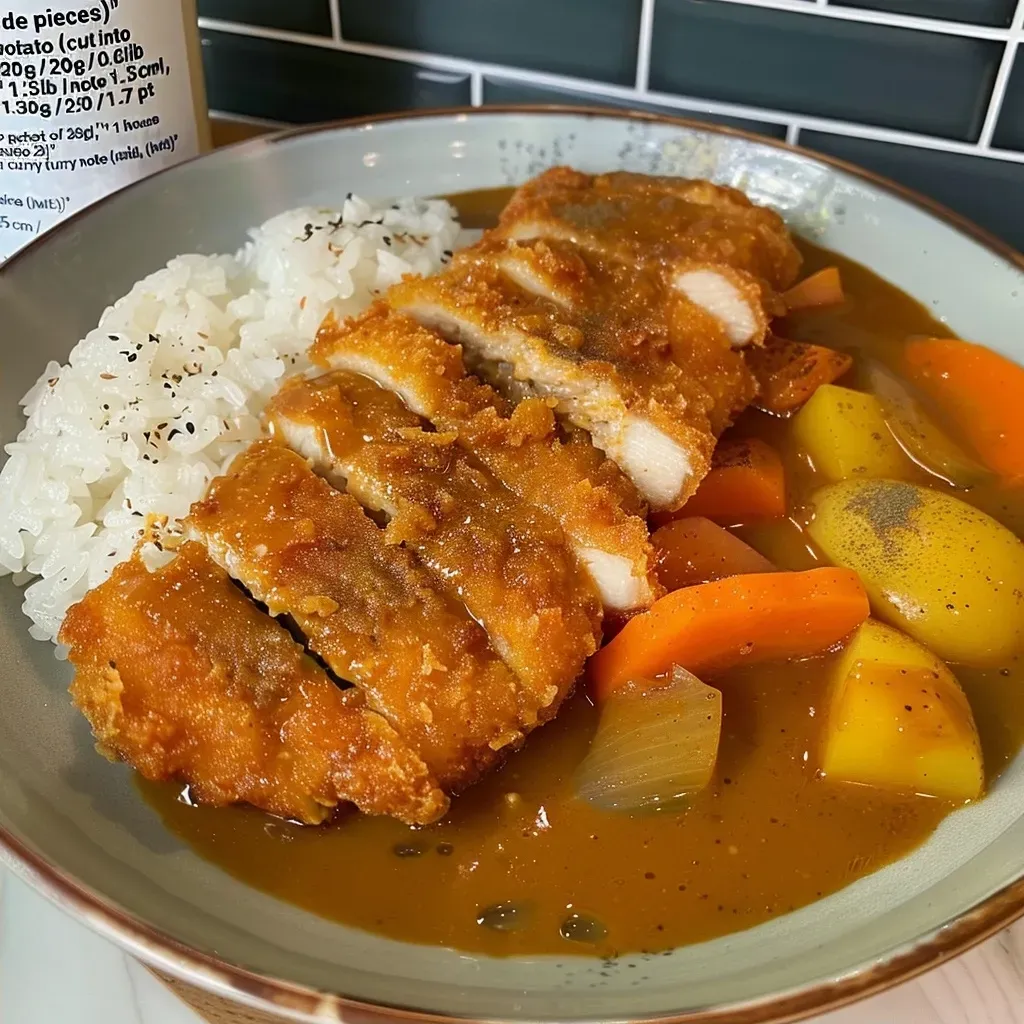 Side view of a plate featuring Katsu Curry, rice, and condiments.