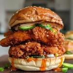 A juicy Korean fried chicken sandwich on a brioche bun, garnished with kimchi and sliced jalapeños.